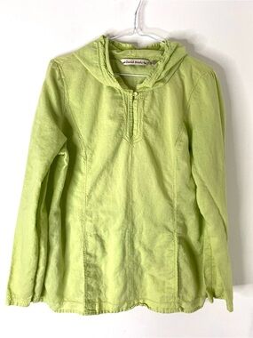 David Brooks Lemon Lime Linen Blend Hooded Pullover Top Eyelet Long Sleeve Tunic